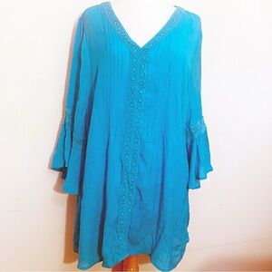 Avenue Boho Gauzy Elegant Longer Blue Bell Sleeve Crochet Trim Top 26/28
